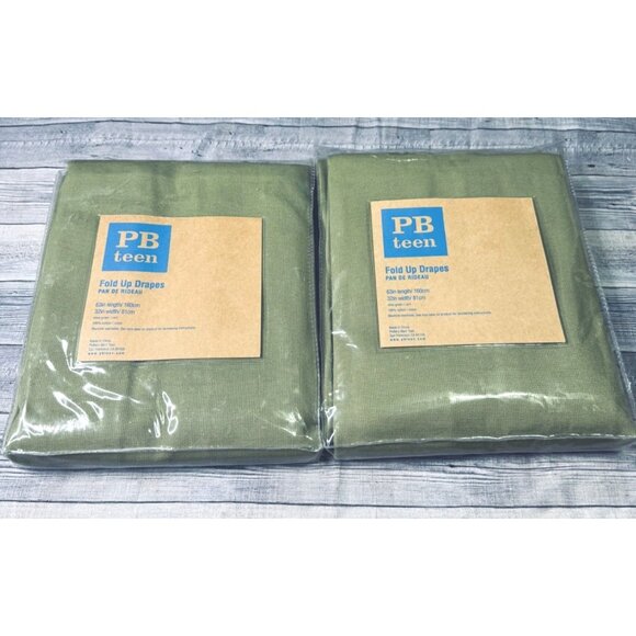 Pair of New PB Teen Fold Up Drapes Olive Green Beige 32x63 each Pottery Barn - Picture 1 of 8
